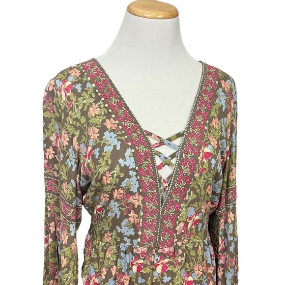 Angie Boho Mixed Floral Print Bell Sleeve Romper Green Pink M - Picture 2 of 8